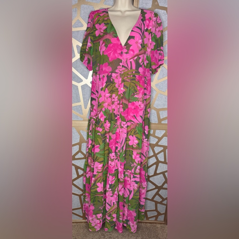 Sugarlips Tropical Floral Tiered Maxi Dress Pink Green Floral - Picture 2 of 9